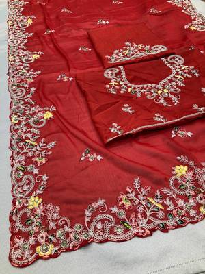 Red Party Wear Rangoli art Silk Saree 1