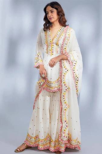 Off White Georgette Sara Khan Inspired Designer Straight Kurta Sharara & Dupatta Set , Muslin With Mirror Work 