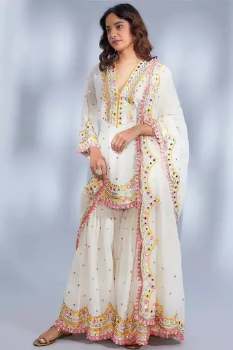 Off White Georgette Sara Khan Inspired Designer Straight Kurta Sharara & Dupatta Set , Muslin With Mirror Work 