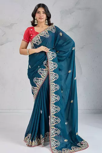 Teal Blue Party Wear Soft star georgette  Saree