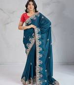 Teal Blue Party Wear Soft star georgette  Saree