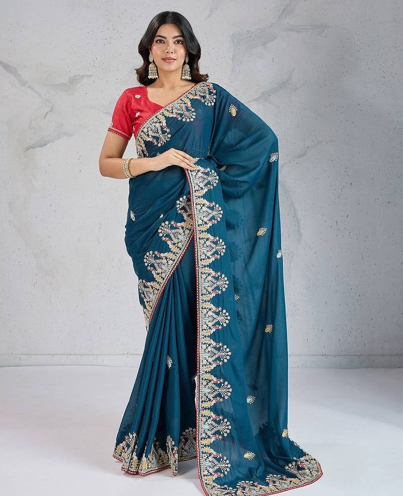 Teal Blue Party Wear Soft star georgette  Saree