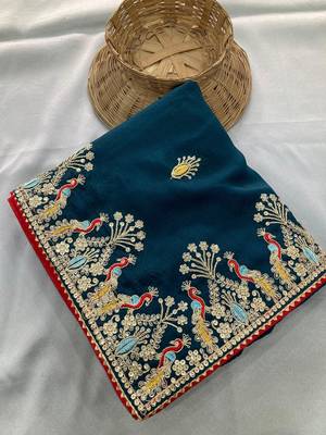 Teal Blue Party Wear Soft star georgette Saree 4