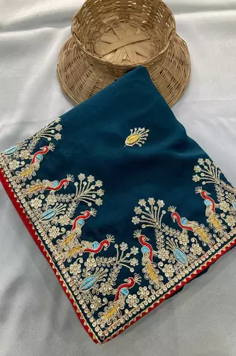 Teal Blue Party Wear Soft star georgette Saree