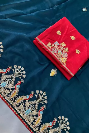 Teal Blue Party Wear Soft star georgette Saree