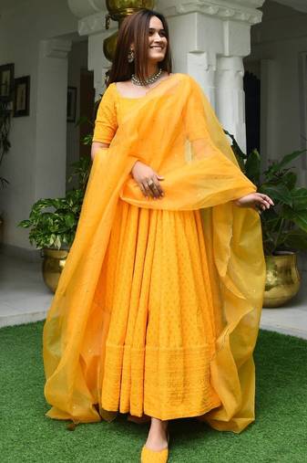  Yellow Chikankari Plus Size Fully Embroidered Anarkali With Pant and Dupatta