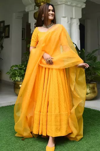  Yellow Chikankari Plus Size Fully Embroidered Anarkali With Pant and Dupatta