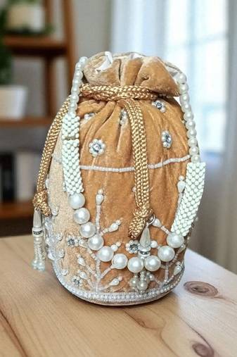 Premium Golden Velvet Bridal Potli Bag for Women | Pearl Beaded Ethnic Embroidered Pouch |