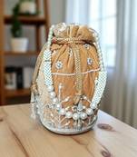 Premium Golden Velvet Bridal Potli Bag for Women | Pearl Beaded Ethnic Embroidered Pouch |