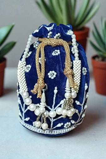 Royal Beige Velvet Embroidered Potli Bag for Women | Handcrafted Beaded Bridal Pouch for Wedding,