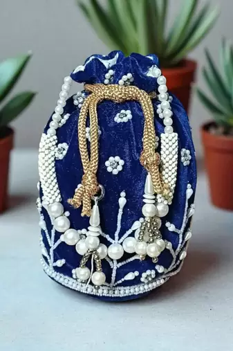 Royal Beige Velvet Embroidered Potli Bag for Women | Handcrafted Beaded Bridal Pouch for Wedding,