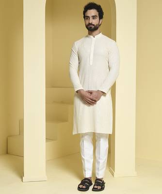 White plain cotton silk kurta pajama 1