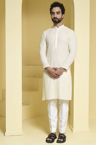 White plain cotton silk kurta pajama