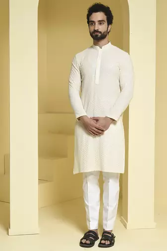 White plain cotton silk kurta pajama