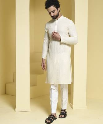 White plain cotton silk kurta pajama 2