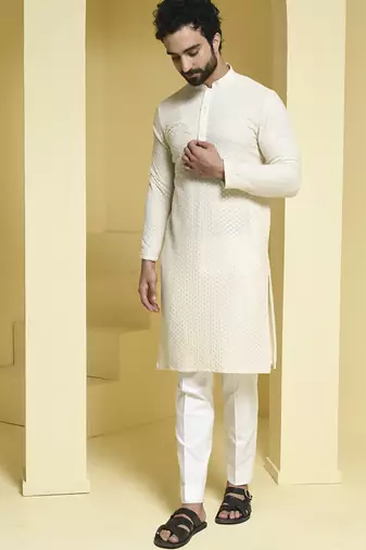 White plain cotton silk kurta pajama