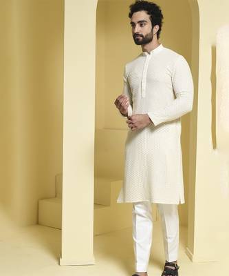 White plain cotton silk kurta pajama 3