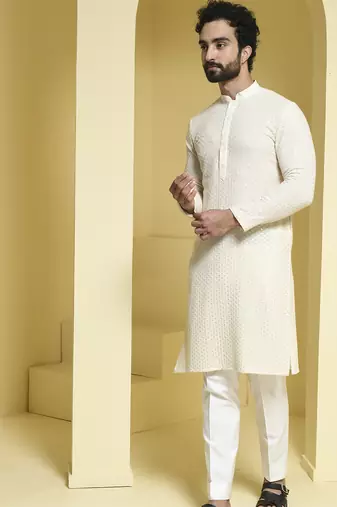 White plain cotton silk kurta pajama