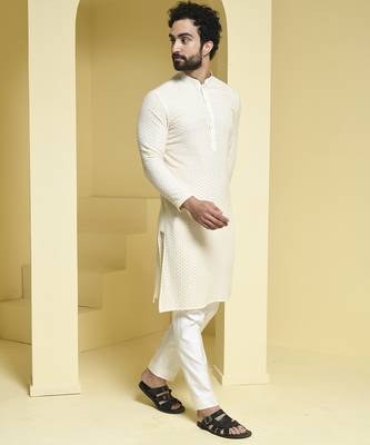 White plain cotton silk kurta pajama 4