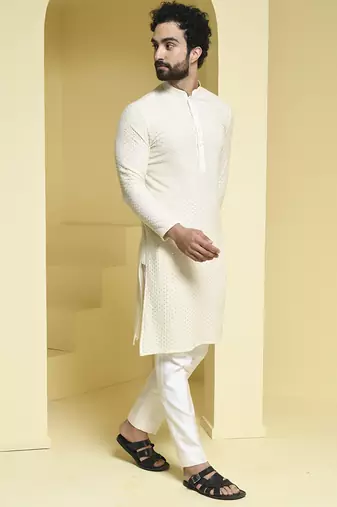White plain cotton silk kurta pajama