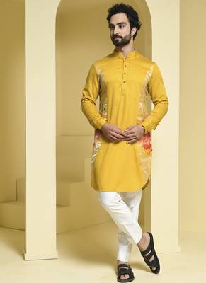 Yellow printed cotton  kurta pajama 1