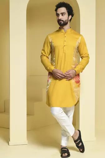 Yellow printed cotton  kurta pajama