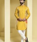 Yellow printed cotton  kurta pajama