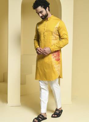 Yellow printed cotton  kurta pajama 2