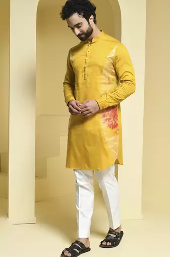 Yellow printed cotton  kurta pajama