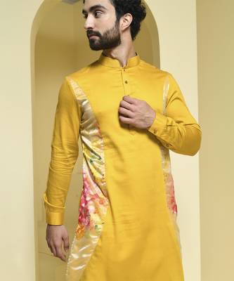 Yellow printed cotton  kurta pajama 3