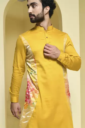 Yellow printed cotton  kurta pajama