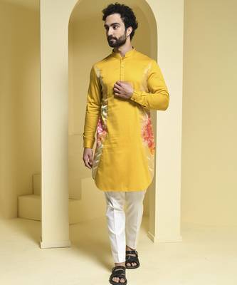 Yellow printed cotton  kurta pajama 5