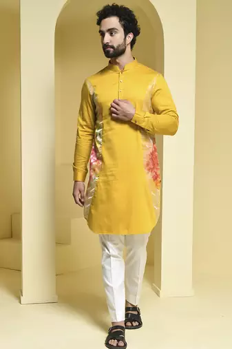 Yellow printed cotton  kurta pajama