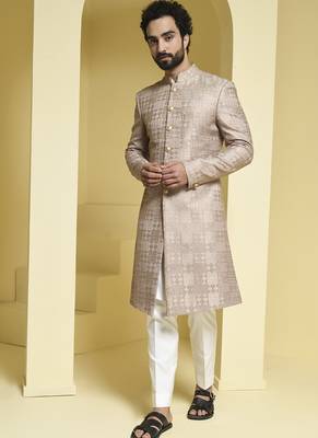 Beige embroidered silk sherwani set 1
