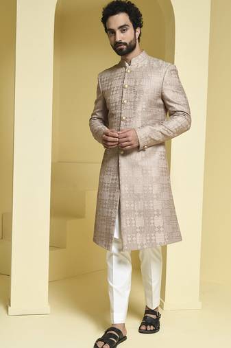 Beige embroidered silk sherwani set