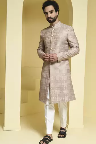 Beige embroidered silk sherwani set