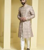 Beige embroidered silk sherwani set