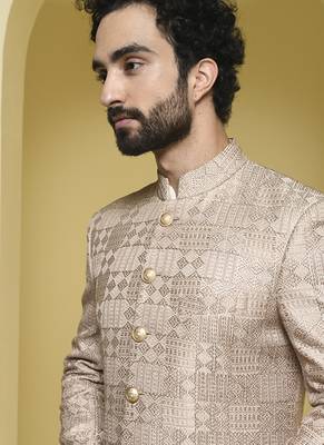 Beige embroidered silk sherwani set 2