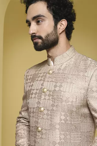 Beige embroidered silk sherwani set