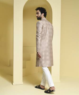 Beige embroidered silk sherwani set 3