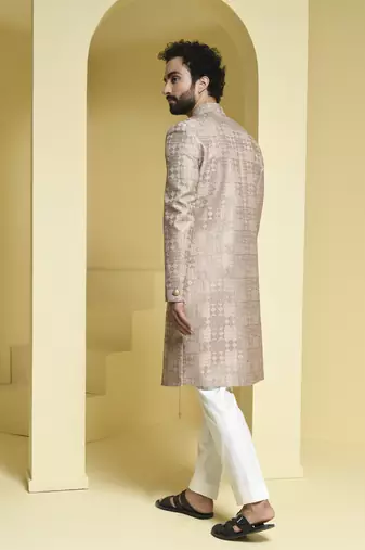 Beige embroidered silk sherwani set