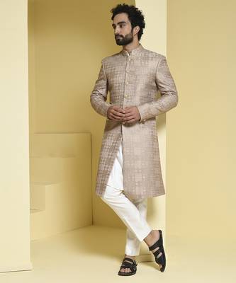 Beige embroidered silk sherwani set 4