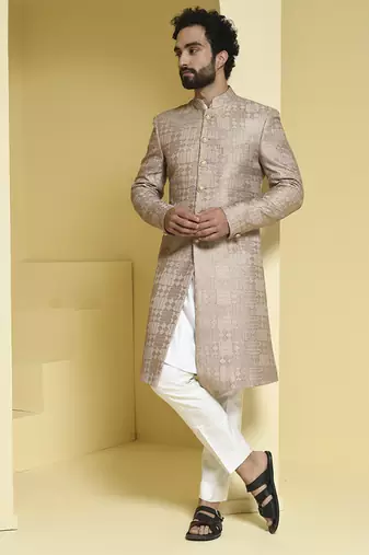 Beige embroidered silk sherwani set