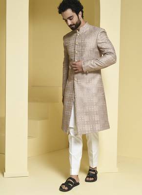 Beige embroidered silk sherwani set 5