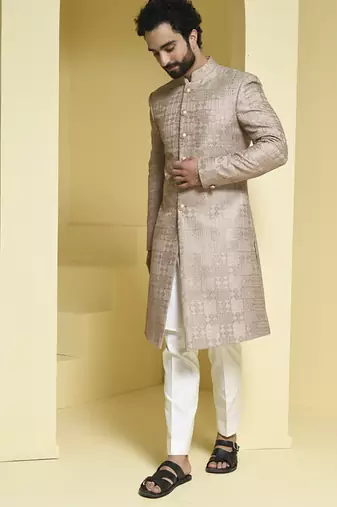 Beige embroidered silk sherwani set