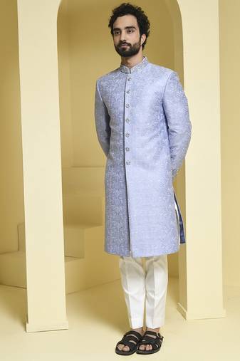 Blue embroidered silk sherwani set