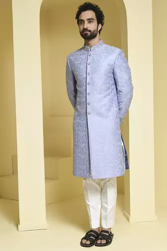Blue embroidered silk sherwani set