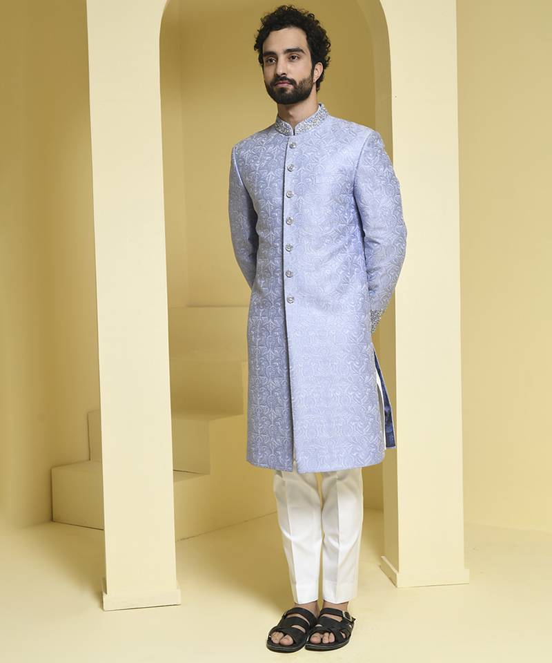 Blue embroidered silk sherwani set