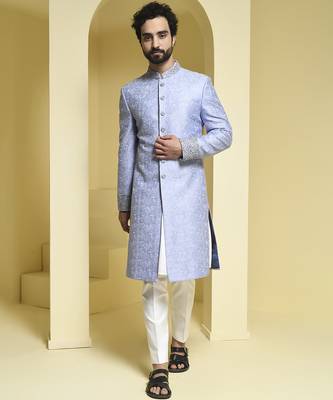 Blue embroidered silk sherwani set 2