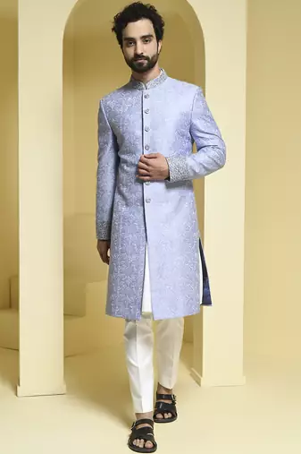 Blue embroidered silk sherwani set